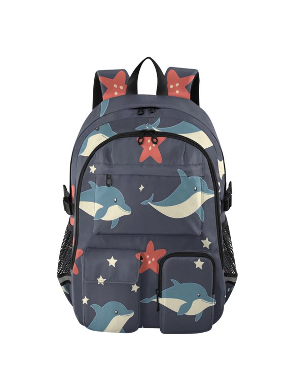 Dolphin Starfish Night Pattern Backpack for School 14”Laptop Compatible with Reflective Safety Strips
