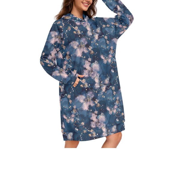 DIXRUYEE Dreamy purple butterfly pattern Print Womens Long Oversized Hoodie Dress Casual Pullover Hooded Sweatshirt Dress with Kangaroo Pocket Loose Streetwear Loungewear