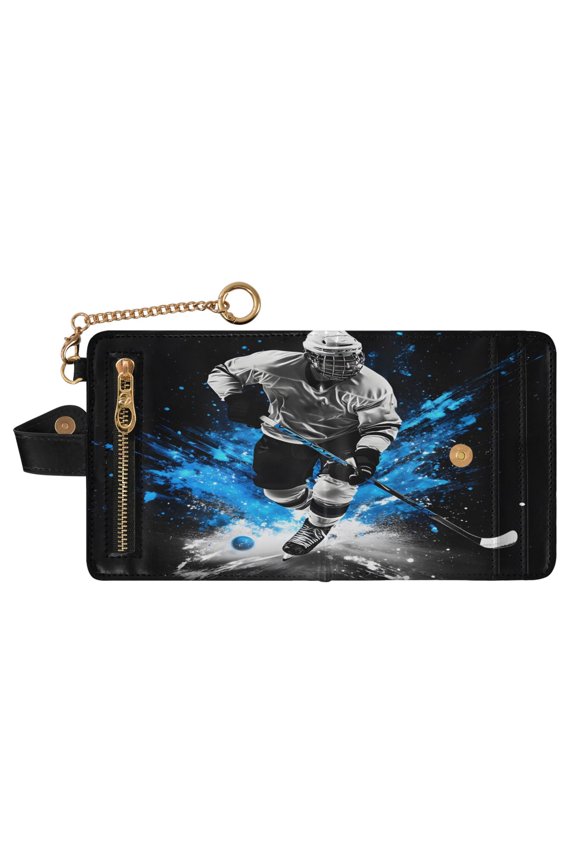Dynamic Ice Hockey Player Print RFID Blocking Womens PU Leather Wallet Small Foldable Card Holder Purse with Coin Zipper Pocket & Detachable Chain Wristlet