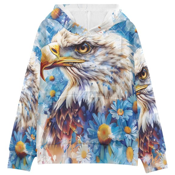 DIXRUYEE Eagle White Print Hoodie Casual Pullover Sweatshirt With Kangaroo Pocket
