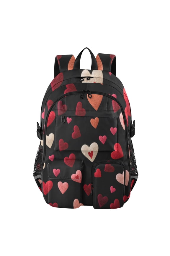 Embroidery Hearts Pattern Backpack for School 14Laptop Compatible with Reflective Safety Strips