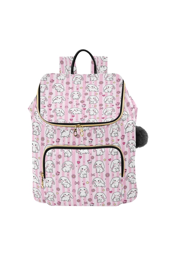 Emotional Rabbit Pattern Printed Quilted 14 Inch Laptop Backpack Multi-Pocket Lightweight Daypack with Pom Pom Charm
