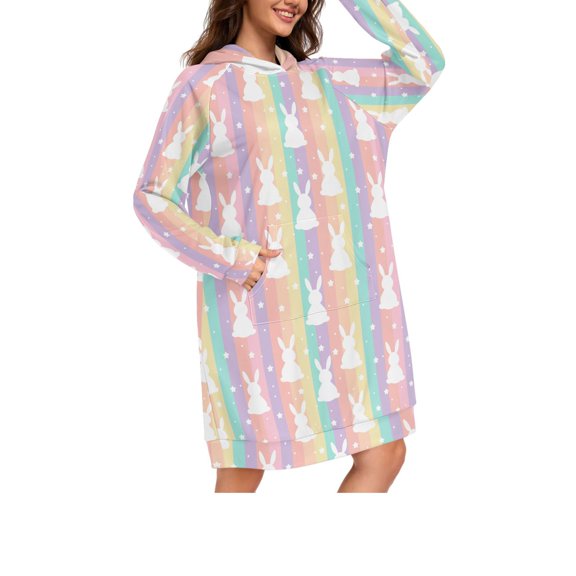 DIXRUYEE Fantasy Rabbit Pattern Print Womens Long Oversized Hoodie Dress Casual Pullover Hooded Sweatshirt Dress with Kangaroo Pocket Loose Streetwear Loungewear