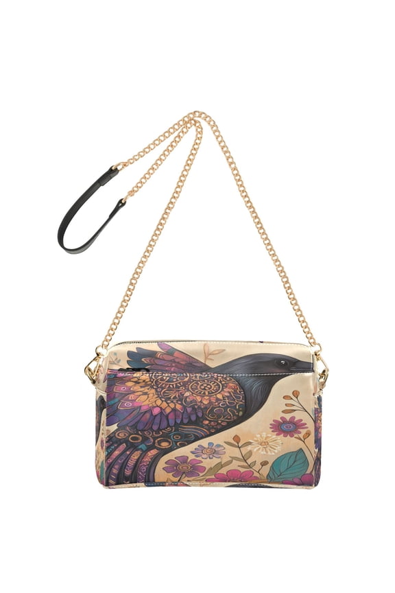 Fashion Triple Zip Small Crossbody Bag Creatively Mystical Crow Blossom Pattern