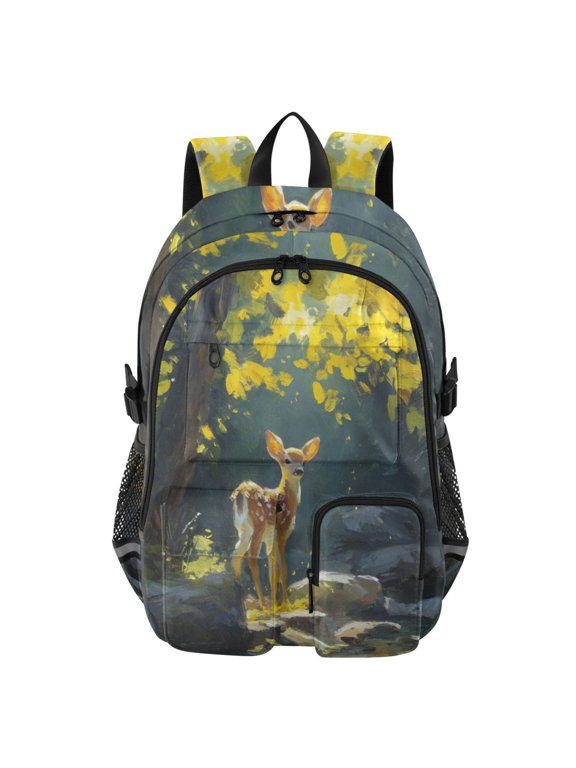 Fawn in Sunlit Forest Backpack for School 14Laptop Compatible with Reflective Safety Strips