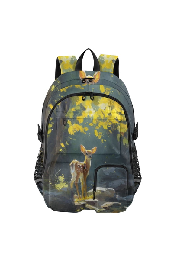 Fawn in Sunlit Forest Backpack for School 14Laptop Compatible with Reflective Safety Strips