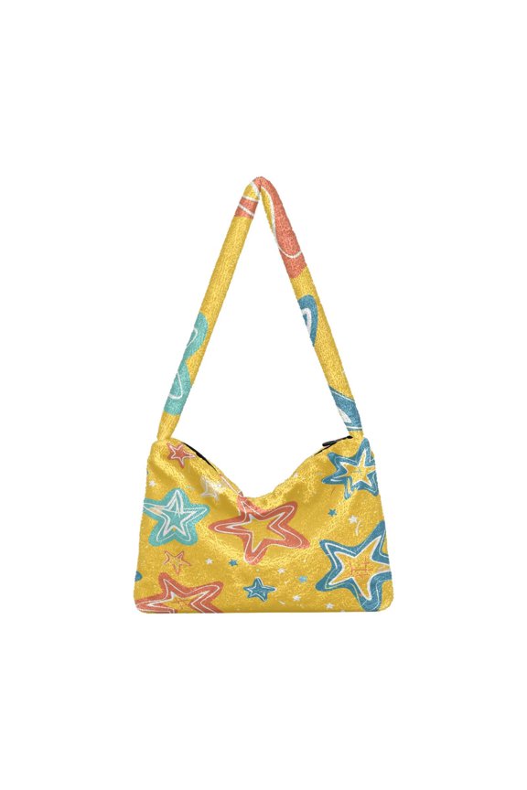 DIXRUYEE Five-pointed Star Colorful Pattern Print Plush Shoulder Bag Soft Faux Fluffy Hobo Tote Bag With Zipper Closure Casual Lightweight Crossbody Handbag