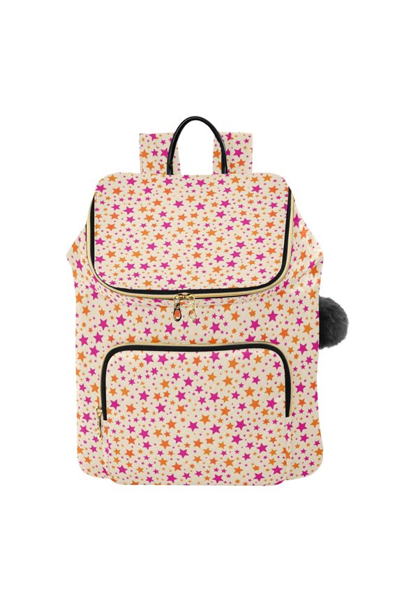 Five-pointed Star Orange Rose Red Pattern Printed Quilted 14 Inch Laptop Backpack Multi-Pocket Lightweight Daypack with Pom Pom Charm