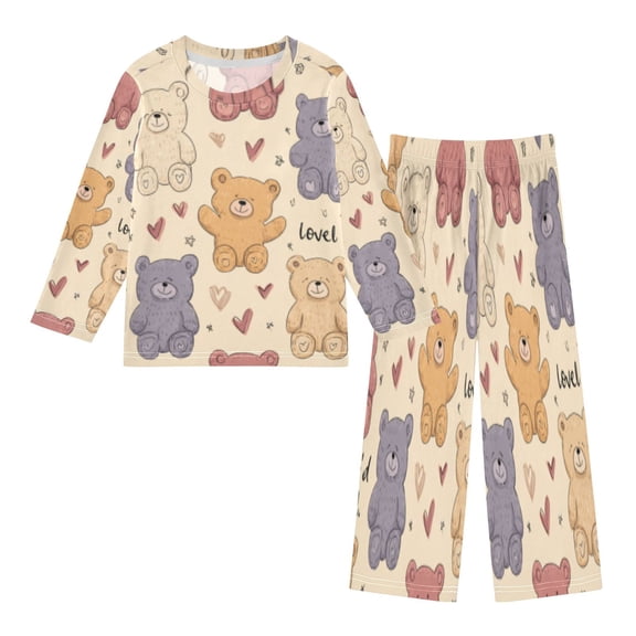 DIXRUYEE Fleece Pajama Set Loose Style Elastic Waist Pockets Bear Heartbeat Cute Pattern