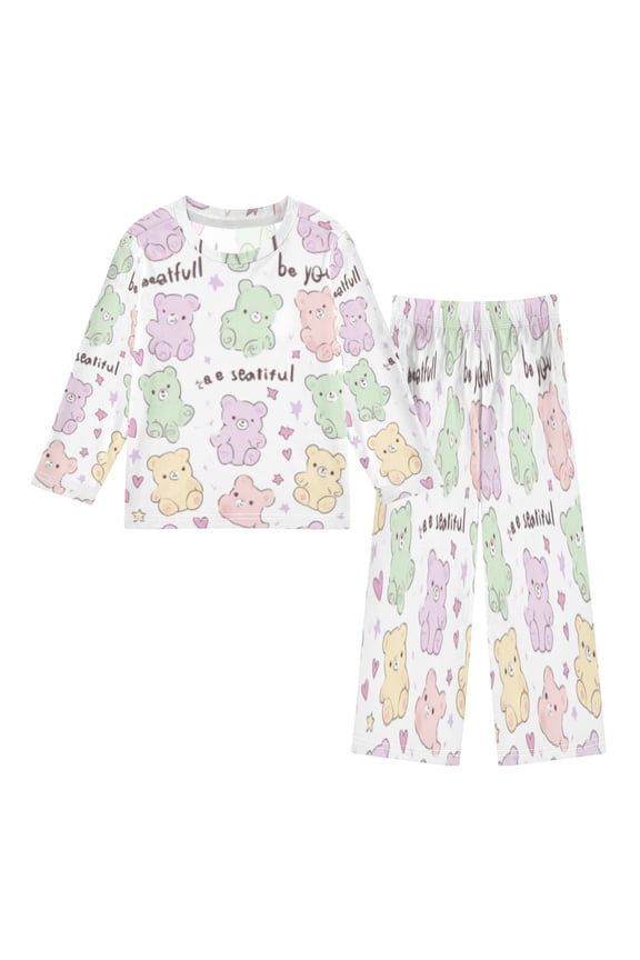 DIXRUYEE Fleece Pajama Set Loose Style Elastic Waist Pockets Bear Positivity Splash Cute Pattern