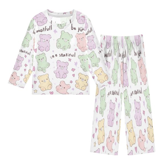 DIXRUYEE Fleece Pajama Set Loose Style Elastic Waist Pockets Bear Positivity Splash Cute Pattern