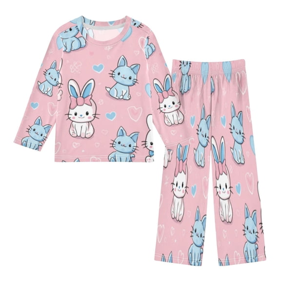 DIXRUYEE Fleece Pajama Set Loose Style Elastic Waist Pockets Bunny - Cat Heartfelt Play Cute Pattern