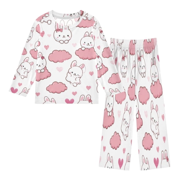 DIXRUYEE Fleece Pajama Set Loose Style Elastic Waist Pockets Bunny Cloud Heart Paradise Cute Pattern