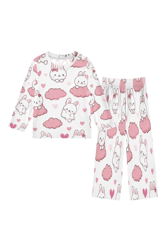 DIXRUYEE Fleece Pajama Set Loose Style Elastic Waist Pockets Bunny Cloud Heart Paradise Cute Pattern
