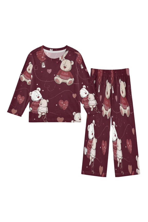 DIXRUYEE Fleece Pajama Set Loose Style Elastic Waist Pockets Burgundy Bear Heart Cuddle Cute Pattern