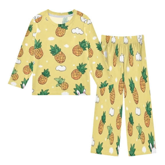 DIXRUYEE Fleece Pajama Set Loose Style Elastic Waist Pockets Cat Pineapple Yellow Cute Pattern