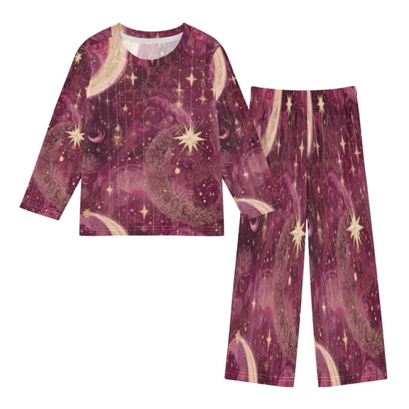 DIXRUYEE Fleece Pajama Set Loose Style Elastic Waist Pockets Celestial Moon and Star Cute Pattern