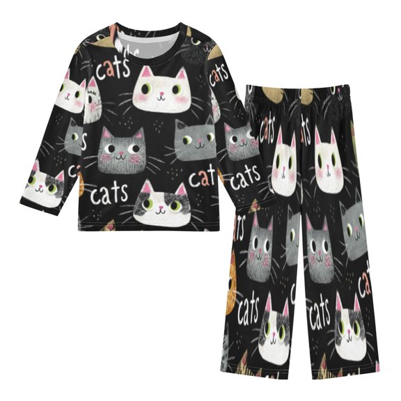 DIXRUYEE Fleece Pajama Set Loose Style Elastic Waist Pockets Chatty Cat Collage Cute Pattern
