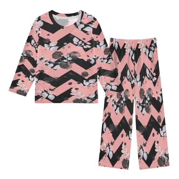 DIXRUYEE Fleece Pajama Set Loose Style Elastic Waist Pockets Chevron and Floral Pink Cute Pattern