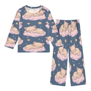 DIXRUYEE Fleece Pajama Set Loose Style Elastic Waist Pockets Cloud Cat Nap Cute Pattern