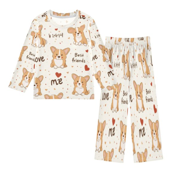 DIXRUYEE Fleece Pajama Set Loose Style Elastic Waist Pockets Corgi Love Phrase Collage Cute Pattern