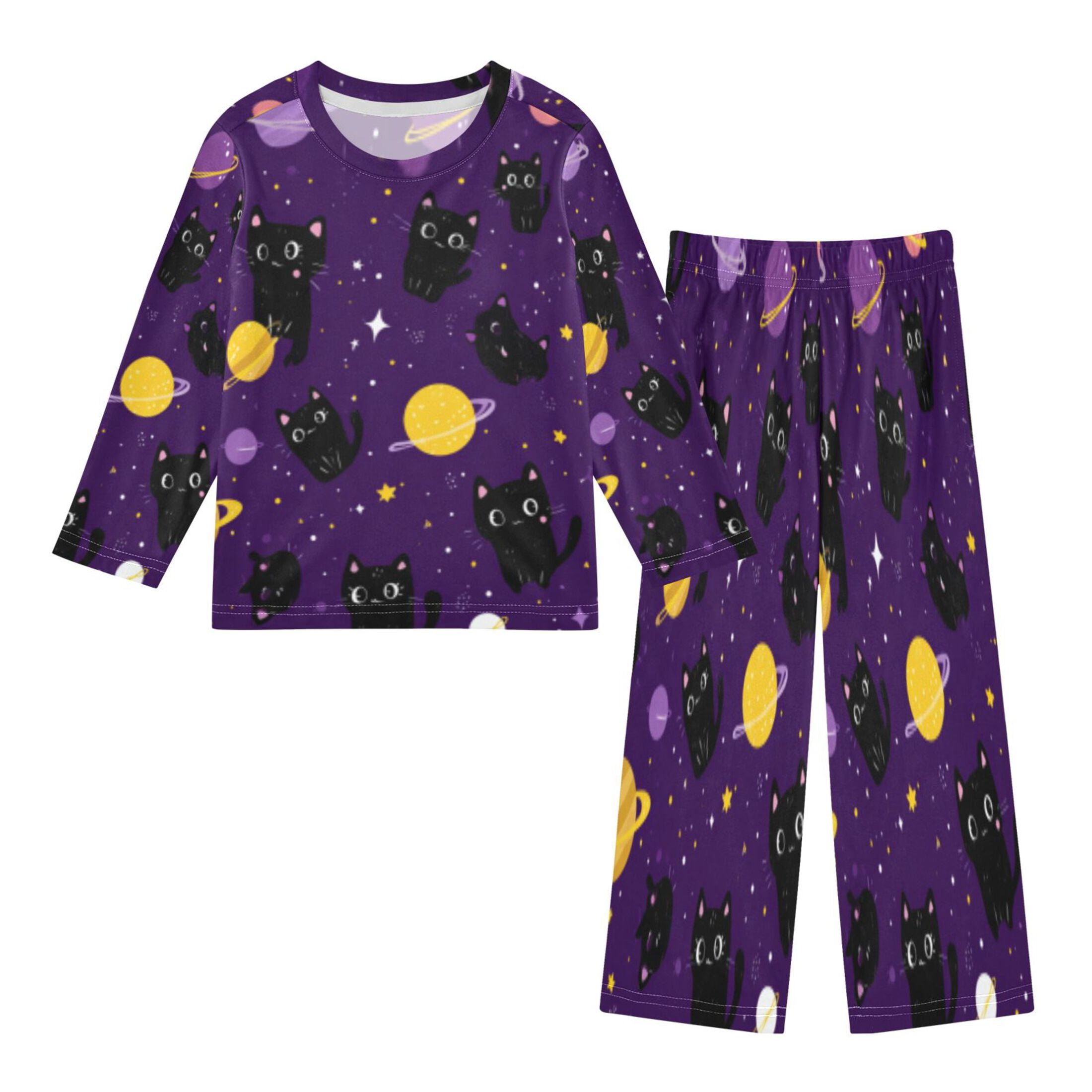 DIXRUYEE Fleece Pajama Set Loose Style Elastic Waist Pockets Cosmic Cat ...