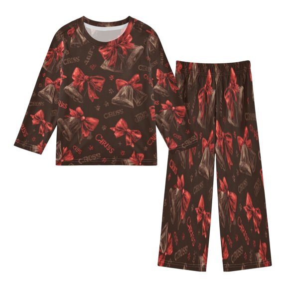 DIXRUYEE Fleece Pajama Set Loose Style Elastic Waist Pockets Crimson Christmas Bow Bounty Cute Pattern