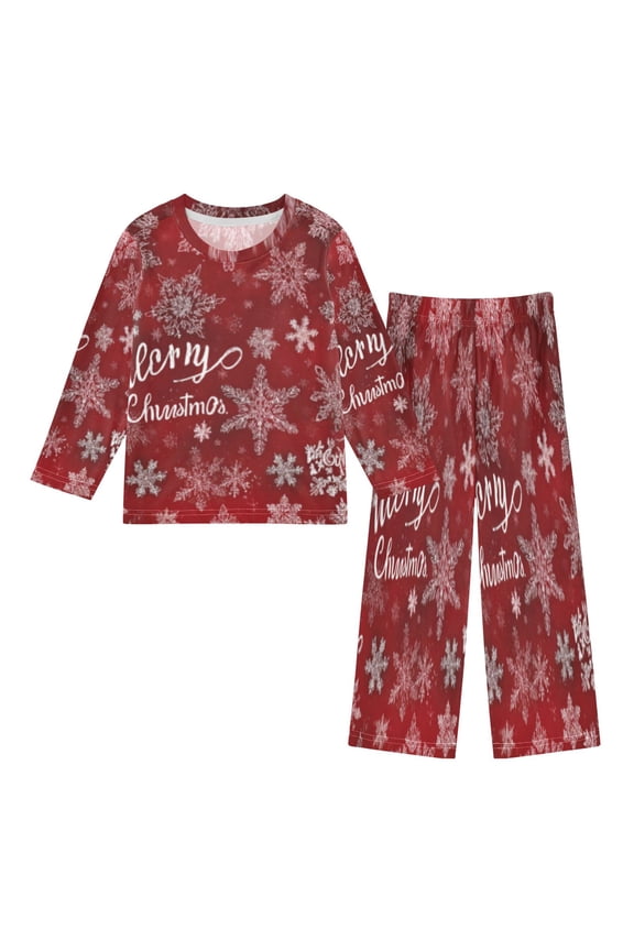 DIXRUYEE Fleece Pajama Set Loose Style Elastic Waist Pockets Crimson Snowflake Glow Cute Pattern