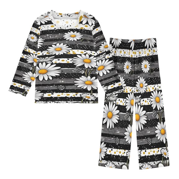 DIXRUYEE Fleece Pajama Set Loose Style Elastic Waist Pockets Daisy Stripes Cute Pattern