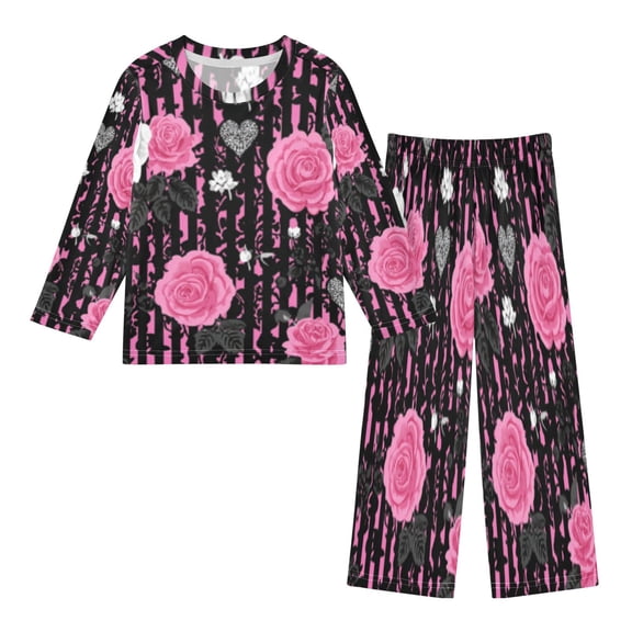 DIXRUYEE Fleece Pajama Set Loose Style Elastic Waist Pockets Edgy Pink Rose Cute Pattern