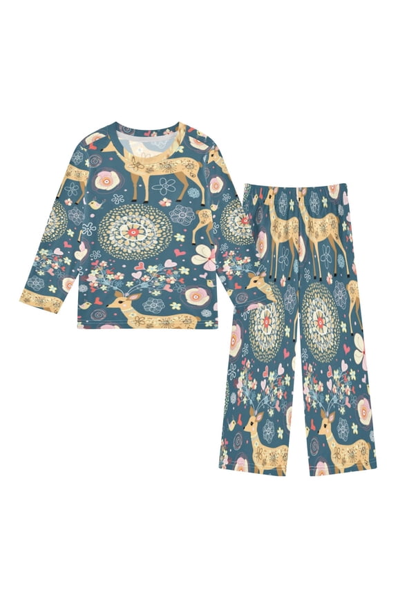 DIXRUYEE Fleece Pajama Set Loose Style Elastic Waist Pockets Elegant Deer Floral Night Cute Pattern