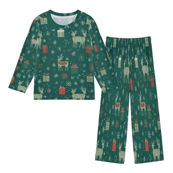 DIXRUYEE Fleece Pajama Set Loose Style Elastic Waist Pockets Evergreen Reindeer Gift Gala Cute Pattern