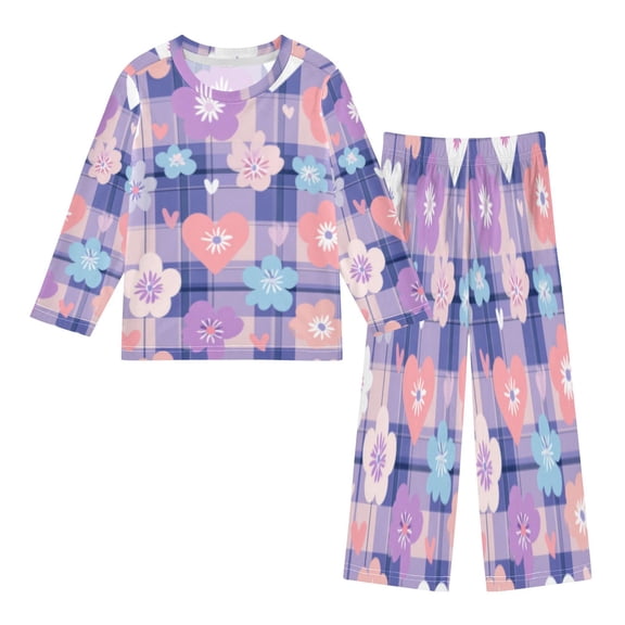 DIXRUYEE Fleece Pajama Set Loose Style Elastic Waist Pockets Floral and Heart Plaid Cute Pattern