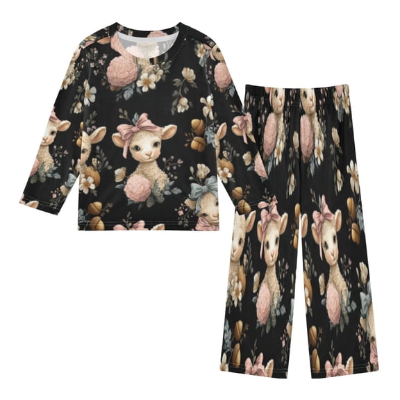 DIXRUYEE Fleece Pajama Set Loose Style Elastic Waist Pockets Floral and Lambs Cute Pattern