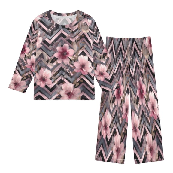 DIXRUYEE Fleece Pajama Set Loose Style Elastic Waist Pockets Floral with Chevron Cute Pattern