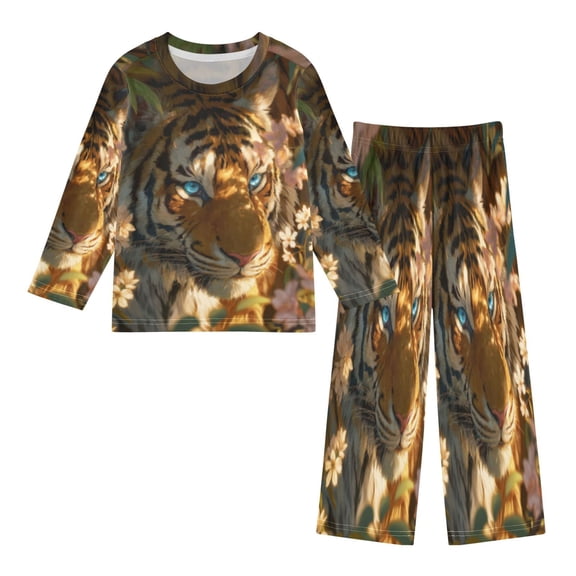 DIXRUYEE Fleece Pajama Set Loose Style Elastic Waist Pockets Golden Floral Tiger Gaze Cute Pattern