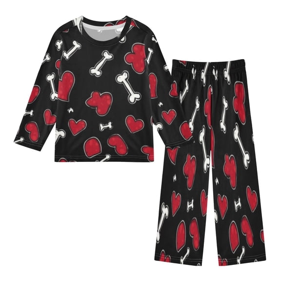 DIXRUYEE Fleece Pajama Set Loose Style Elastic Waist Pockets Heart Bone Black Cute Pattern