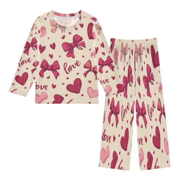 DIXRUYEE Fleece Pajama Set Loose Style Elastic Waist Pockets Heart & Bow Extravaganza Cute Pattern
