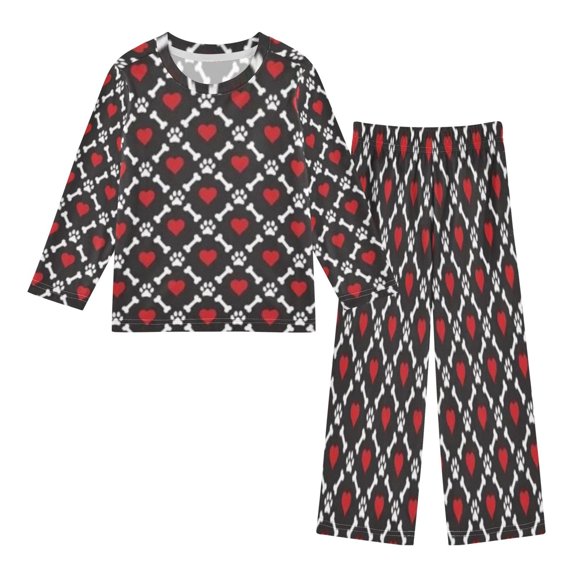 DIXRUYEE Fleece Pajama Set Loose Style Elastic Waist Pockets Heart Paw Black Cute Pattern