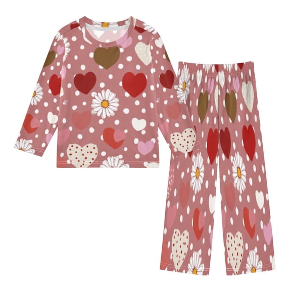 DIXRUYEE Fleece Pajama Set Loose Style Elastic Waist Pockets Heart and Daisy Pink Cute Pattern