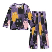 DIXRUYEE Fleece Pajama Set Loose Style Elastic Waist Pockets Interstellar Cat Menagerie Cute Pattern