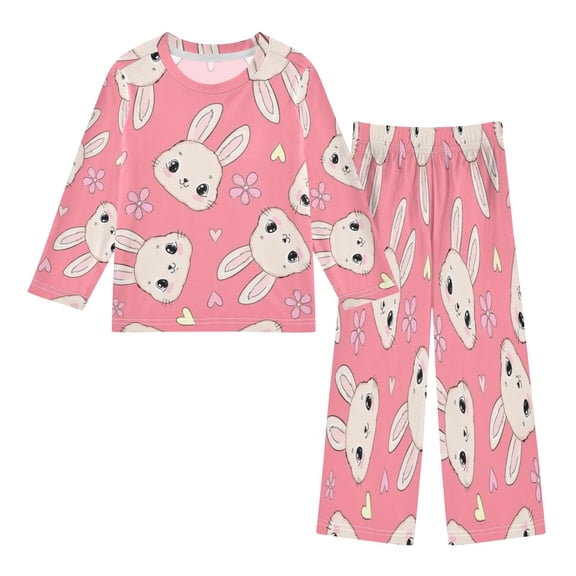 DIXRUYEE Fleece Pajama Set Loose Style Elastic Waist Pockets Kawaii Bunny Pink Paradise Cute Pattern