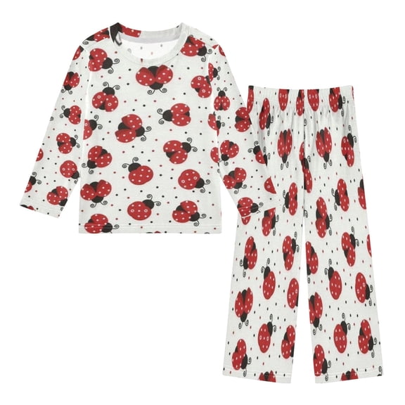 DIXRUYEE Fleece Pajama Set Loose Style Elastic Waist Pockets Ladybugs on White Cute Pattern