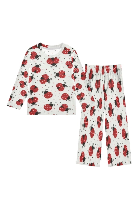 DIXRUYEE Fleece Pajama Set Loose Style Elastic Waist Pockets Ladybugs on White Cute Pattern