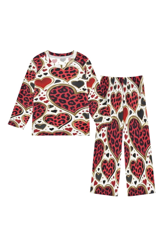 DIXRUYEE Fleece Pajama Set Loose Style Elastic Waist Pockets Leopard Heart Edgy Print Cute Pattern