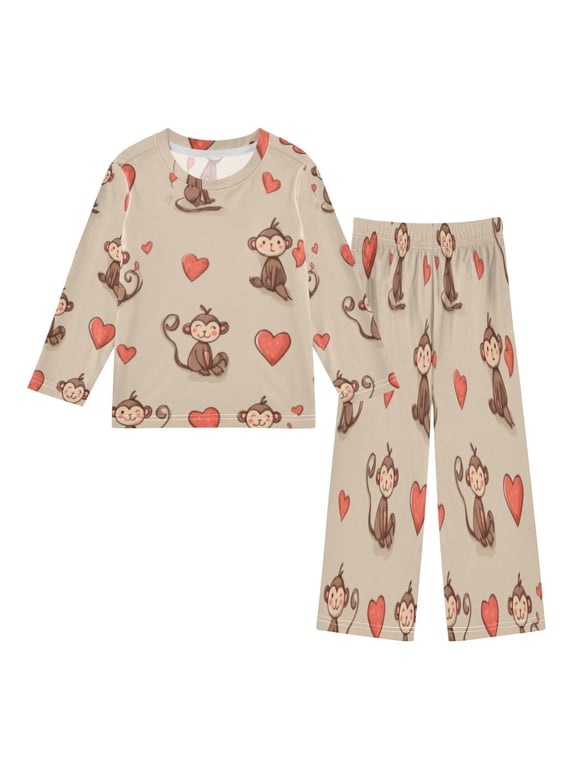 DIXRUYEE Fleece Pajama Set Loose Style Elastic Waist Pockets Monkey Heart Playful Dance Cute Pattern