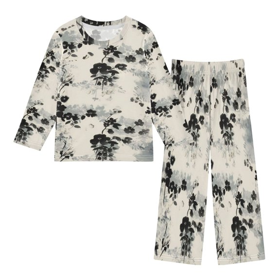 DIXRUYEE Fleece Pajama Set Loose Style Elastic Waist Pockets Monochrome Branch Whisper Cute Pattern