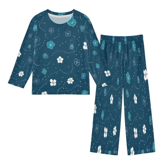 DIXRUYEE Fleece Pajama Set Loose Style Elastic Waist Pockets Navy Blossom Whisper Cute Pattern