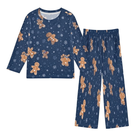 DIXRUYEE Fleece Pajama Set Loose Style Elastic Waist Pockets Navy Gingerbread Snow Cute Pattern