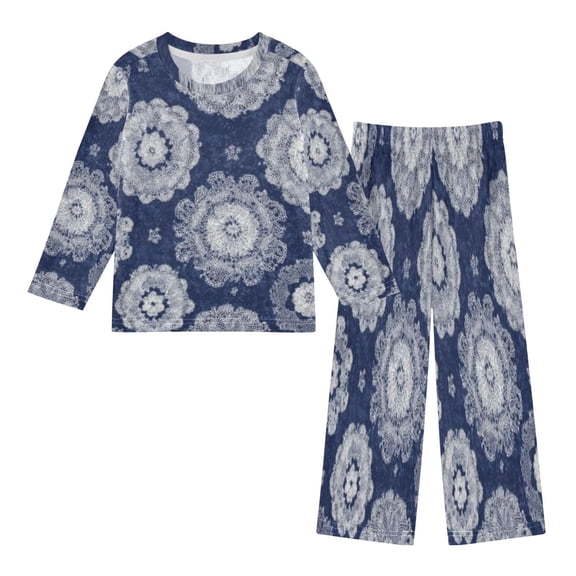 DIXRUYEE Fleece Pajama Set Loose Style Elastic Waist Pockets Navy Intricate Floral Cute Pattern